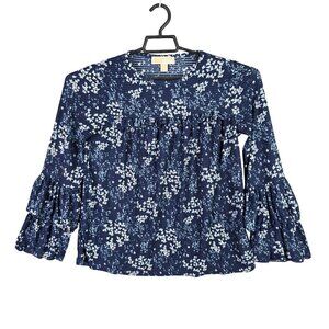 Womens Michael Kors Blue & White Floral Blouse Tiered Bell-Sleeve Polyester S